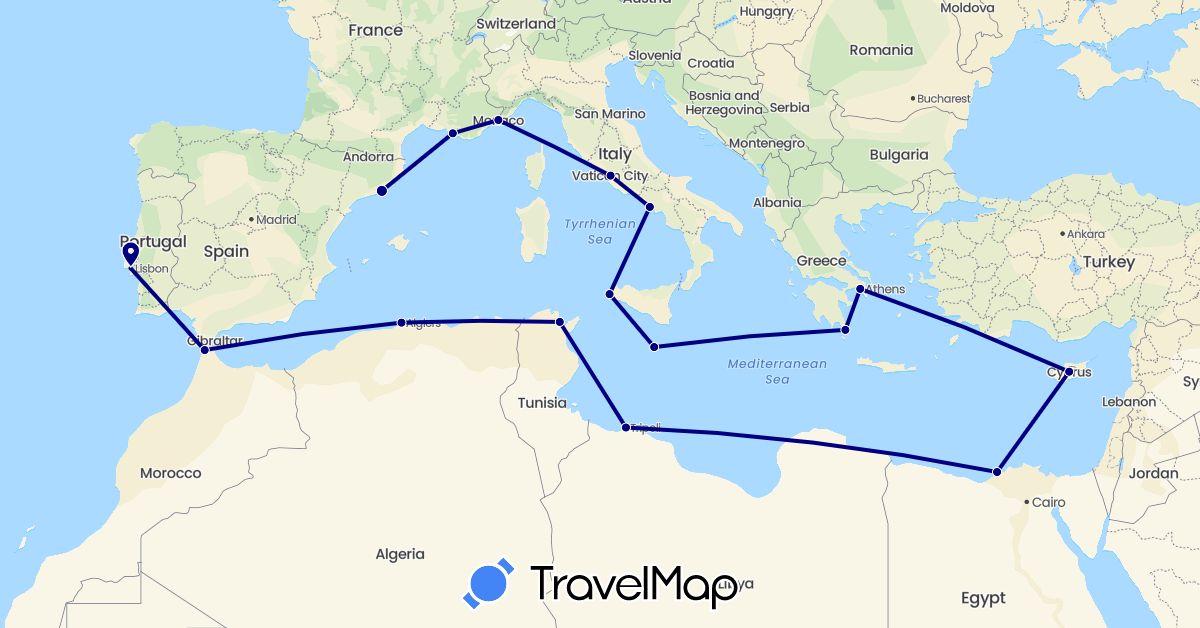 TravelMap itinerary: driving in Algeria, Egypt, Spain, France, Greece, Italy, Libya, Morocco, Monaco, Malta, Portugal, Tunisia (Africa, Europe)
